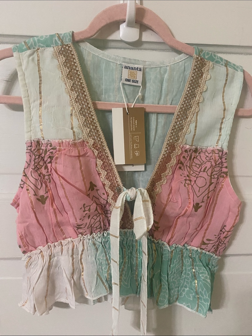 NWT Ananta Boho Patchwork Tie-Front Crop Top | One Size - Picture 3 of 7